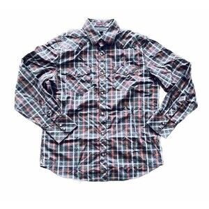 Banana Republic Button/Snap Down Shirt Mens L 16-16.5 Plaid Gray Orange